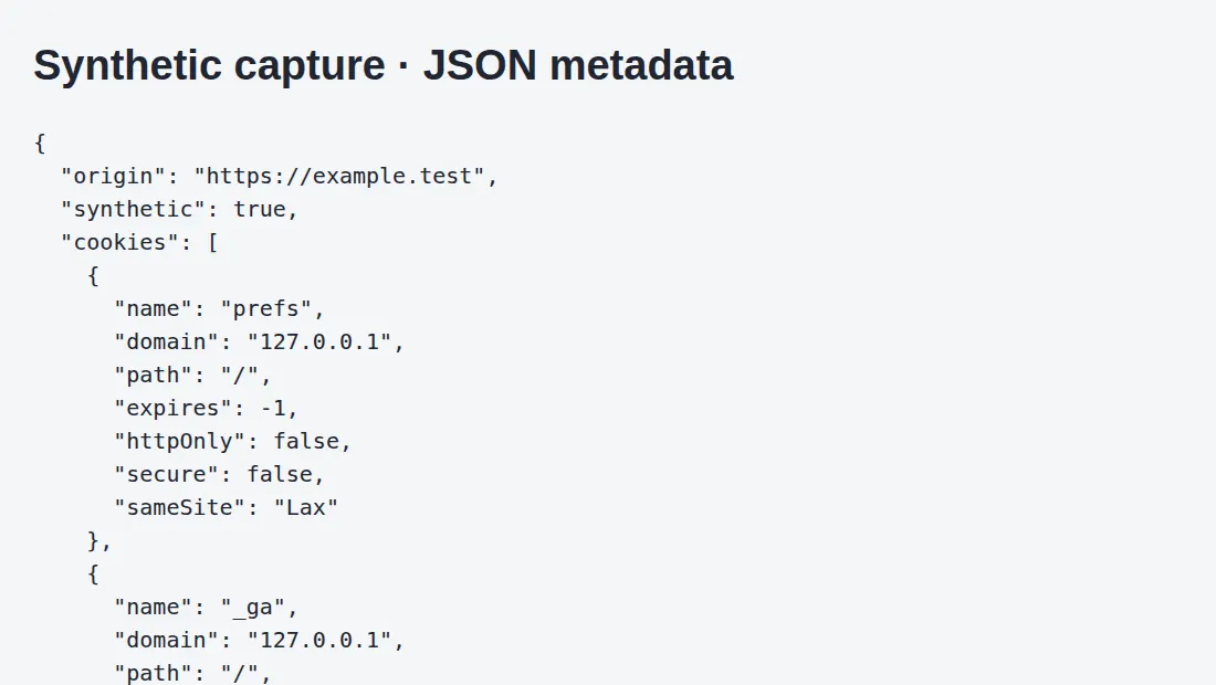 JSON output with cookie metadata and no cookie values